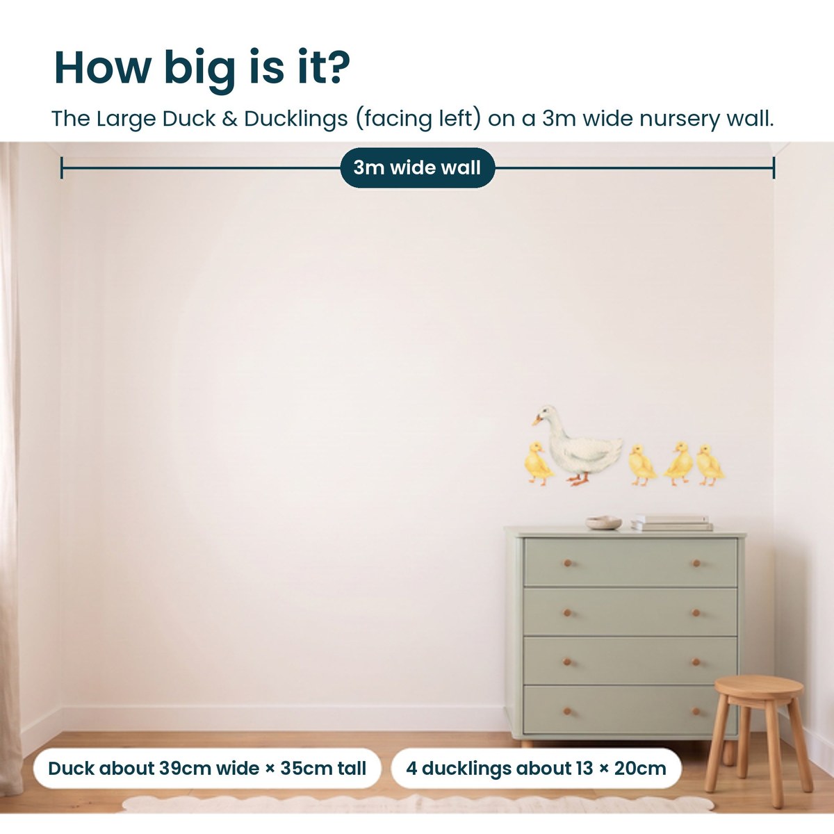 Large duck and four ducklings facing left shown to scale on a 3m nursery wall