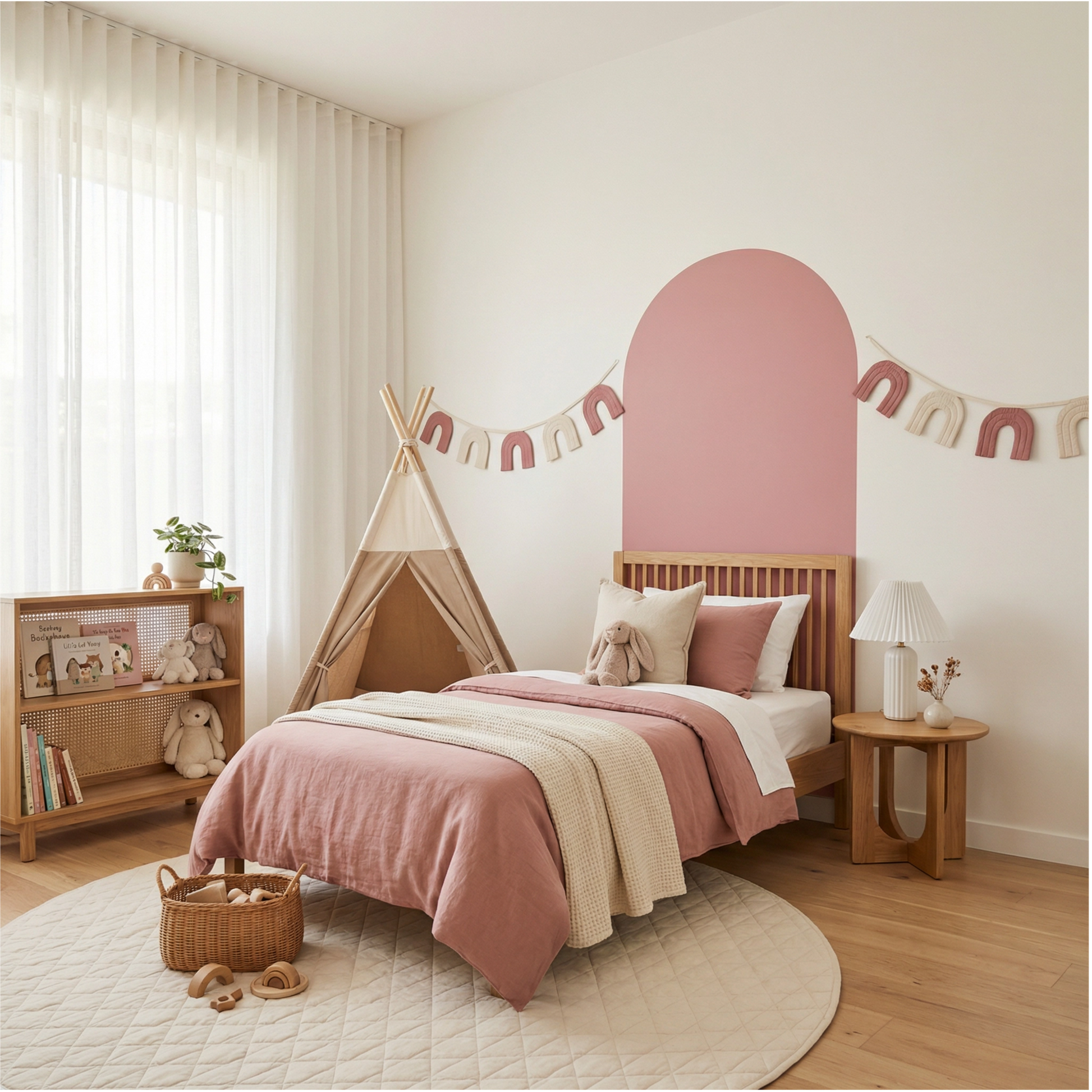 Children's bedroom with pink headboard, teepee, and decorative elements.