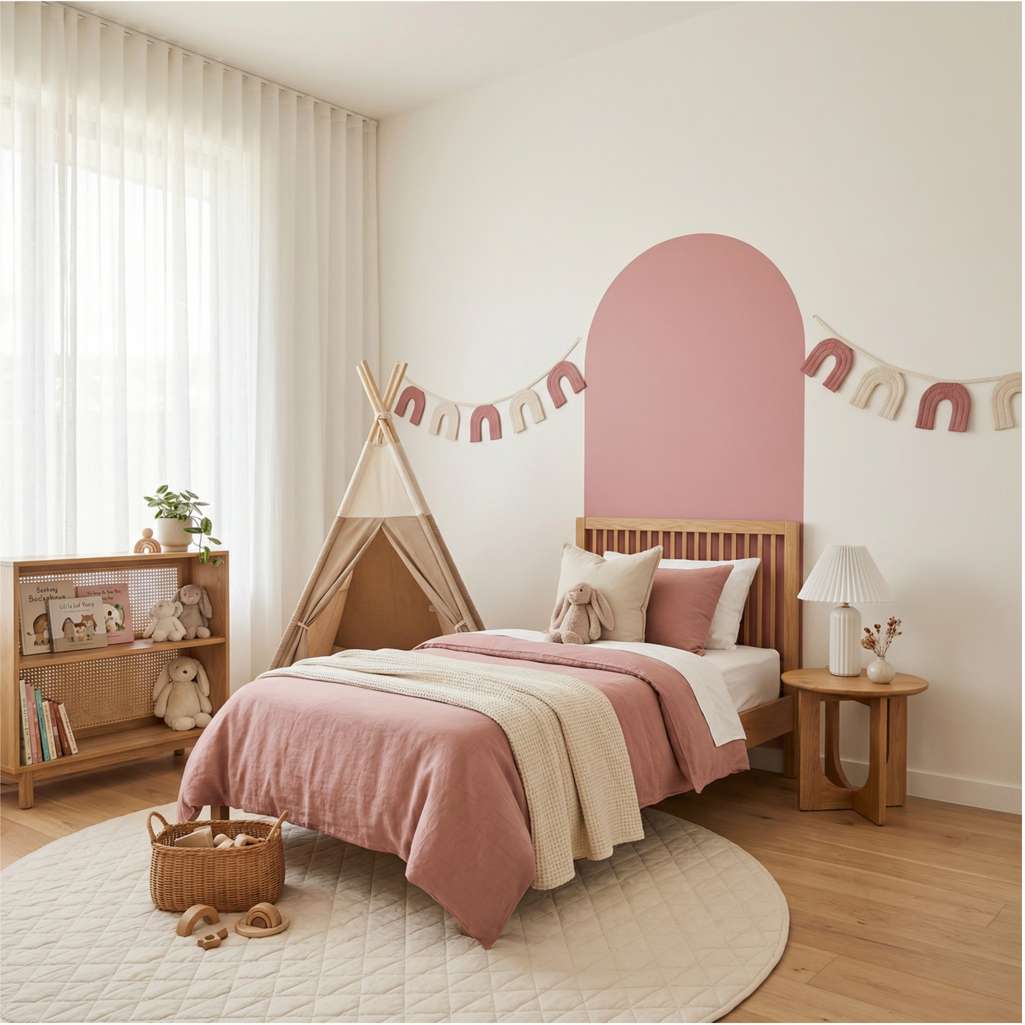 Children's bedroom with pink headboard, teepee, and decorative elements.