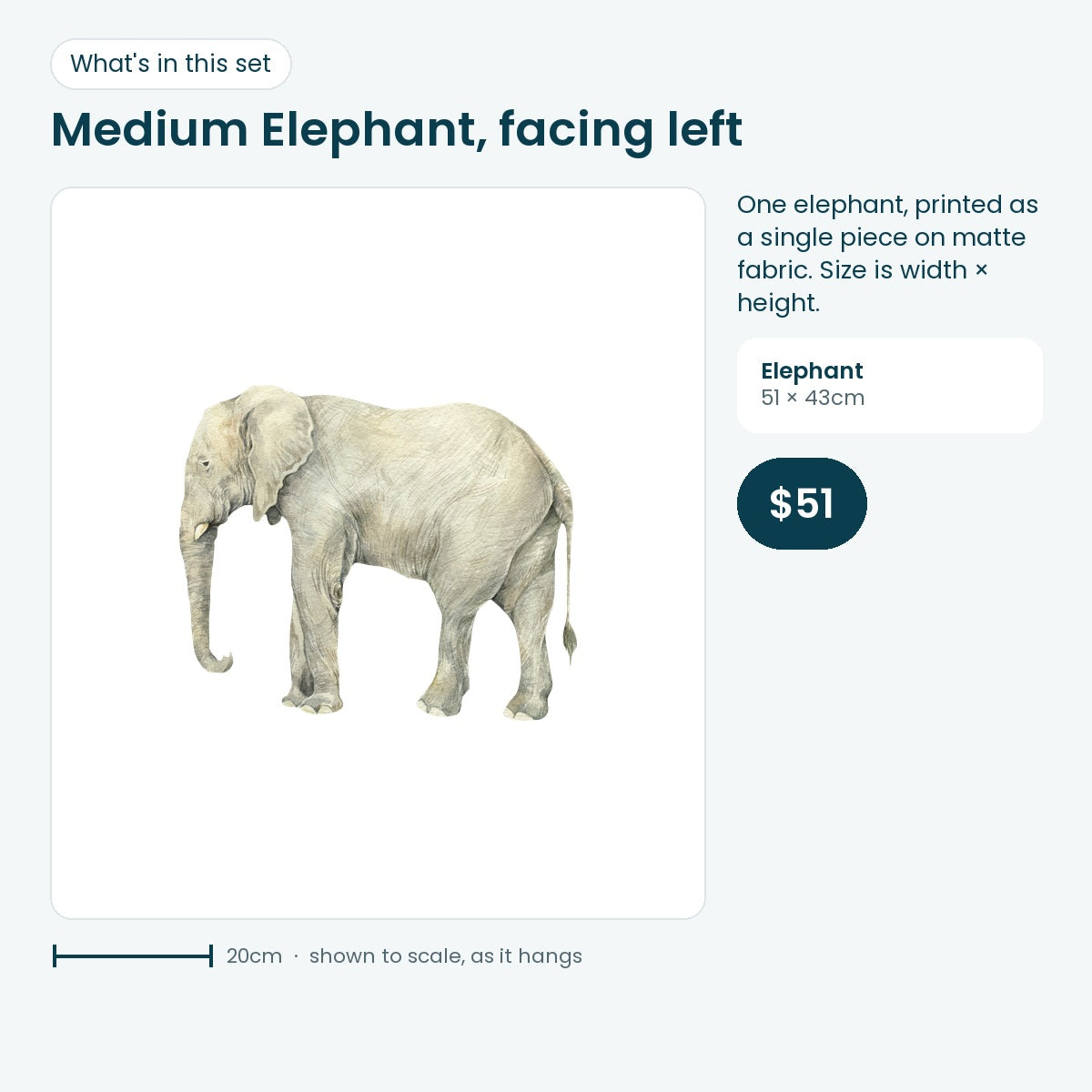 Medium elephant wall decal facing left, 51 × 43cm