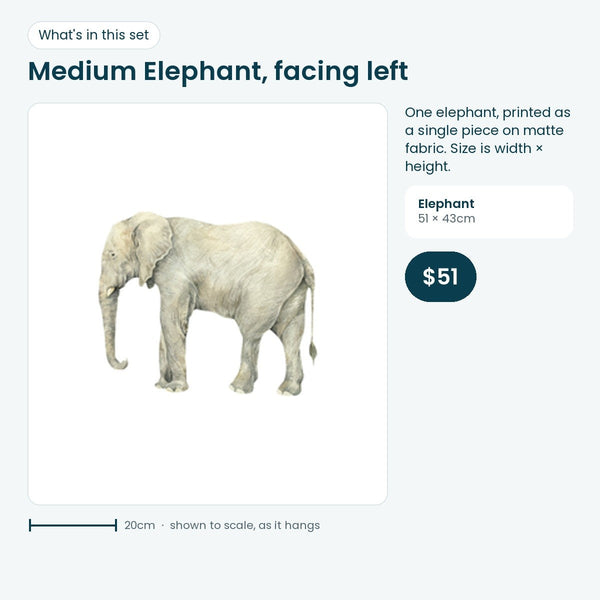 Medium elephant wall decal facing left, 51 × 43cm