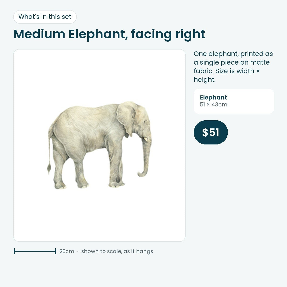 Medium elephant wall decal facing right, 51 × 43cm