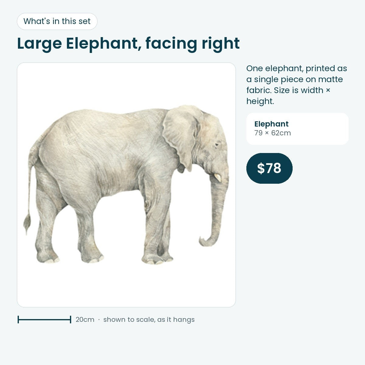 Large elephant wall decal facing right, 79 × 62cm