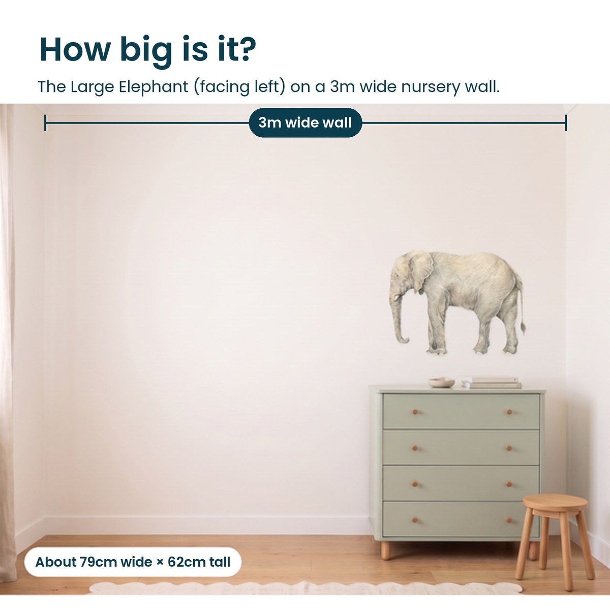 Large elephant facing left shown to scale on a 3m nursery wall