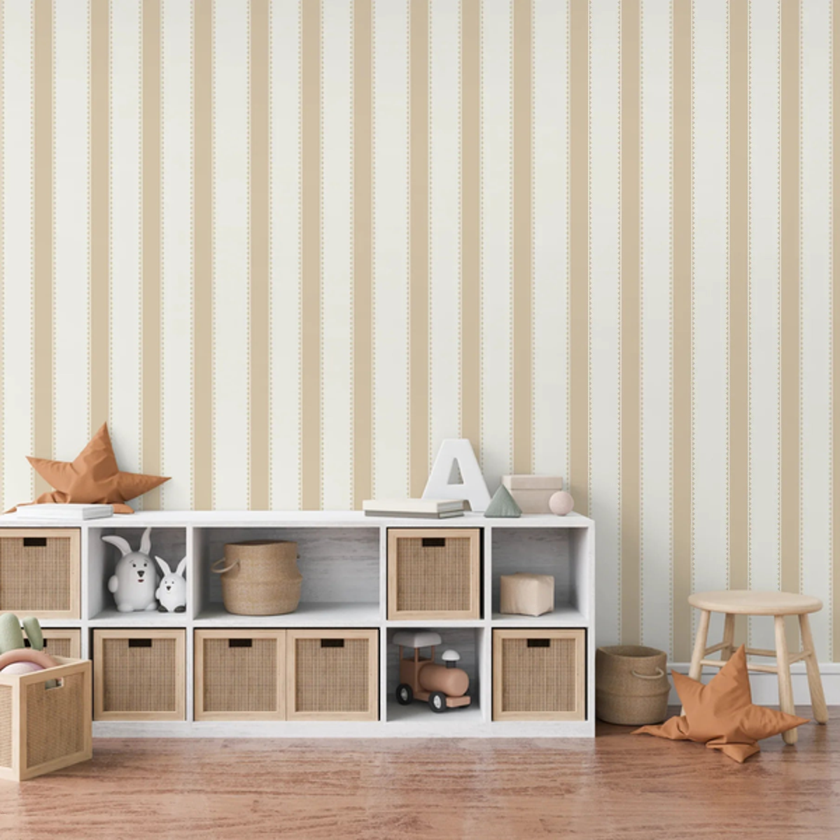 Elliot Sandstone Stripes wallpaper in a playroom above white storage cubes