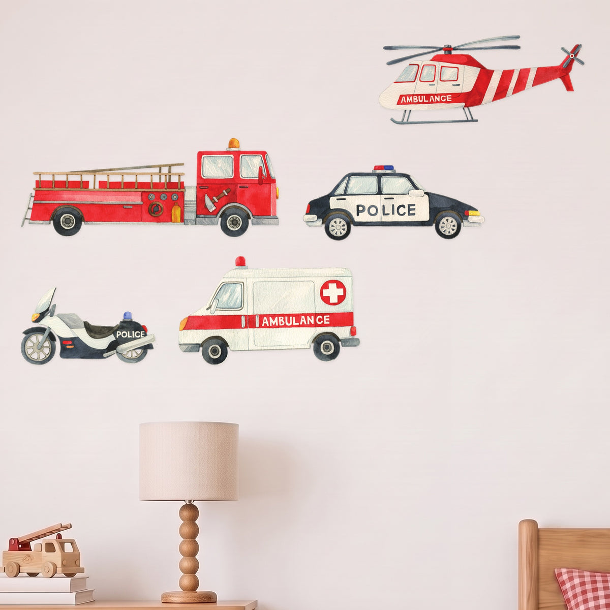 Emergency vehicle wall decals fire engine police car ambulance helicopter in a styled boys bedroom