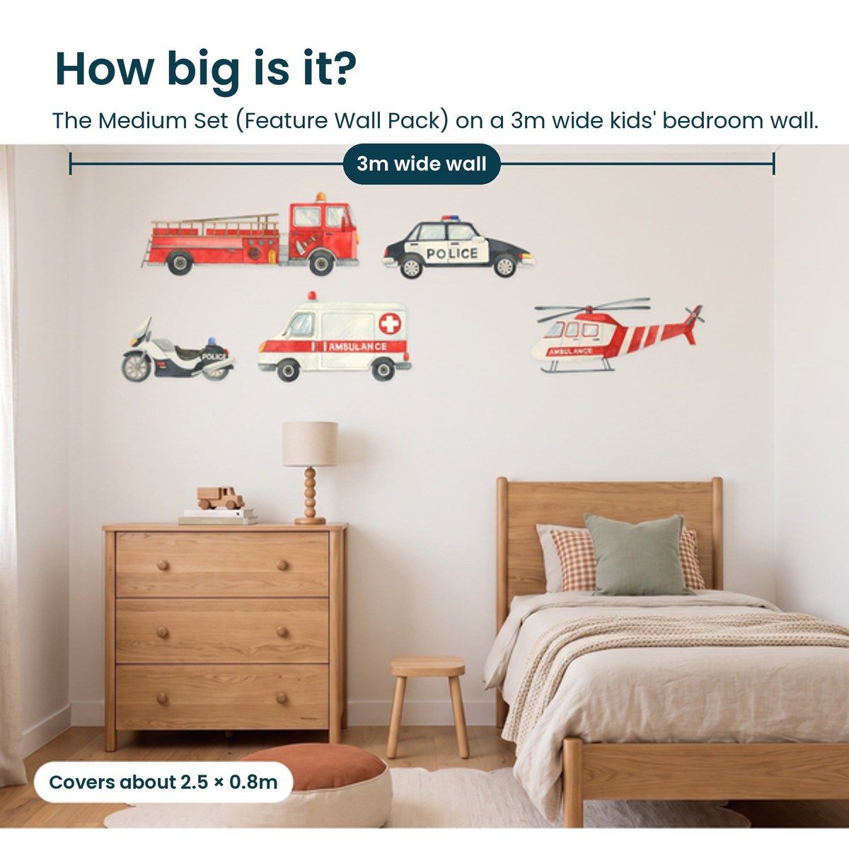 How big is the emergency vehicle Medium Set on a 3m wall