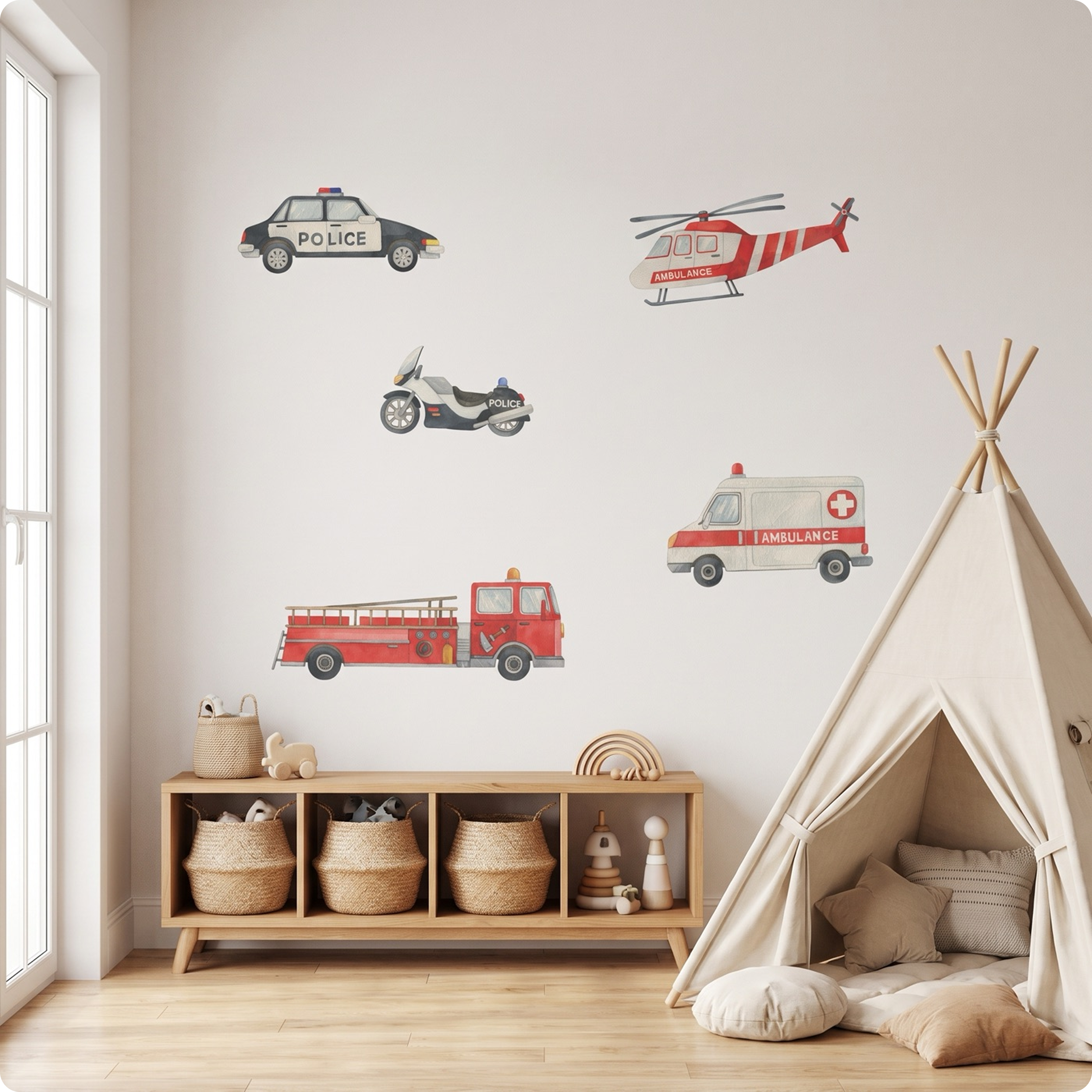 A children's playroom scene with wall decals of a police car, ambulance, helicopter, motorcycle, and fire truck displayed above a low wooden cabinet, next to a teepee tent.