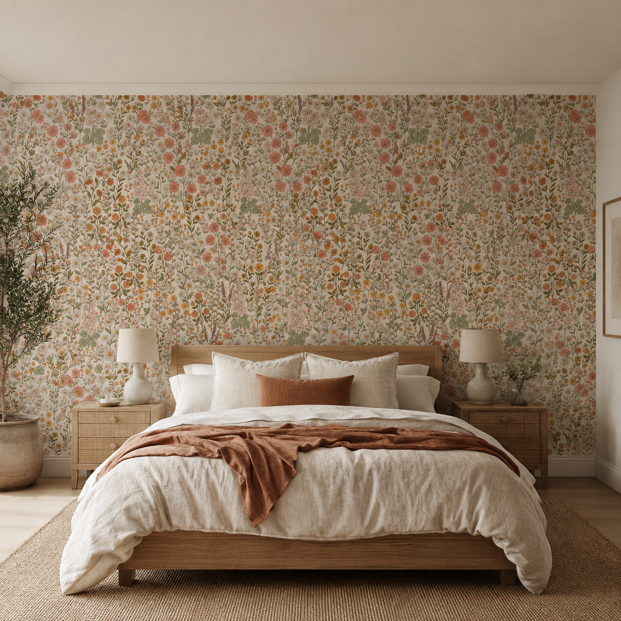 A seamless retro floral pattern featuring a dense arrangement of wildflowers in shades of orange, pink, yellow, and green on a warm cream background.