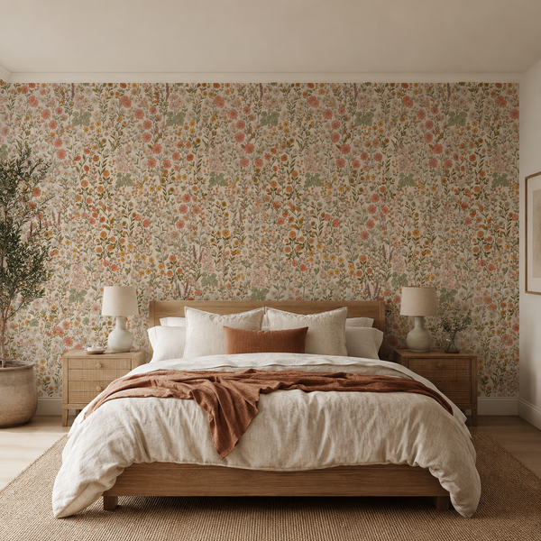 A seamless retro floral pattern featuring a dense arrangement of wildflowers in shades of orange, pink, yellow, and green on a warm cream background.