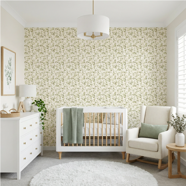 Nursery room with white crib, armchair, and dresser against a floral wallpaper wall.