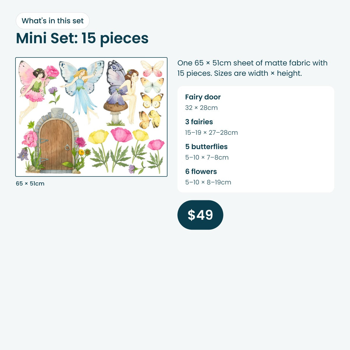What's in the Mini Set: every flower fairy decal piece laid out