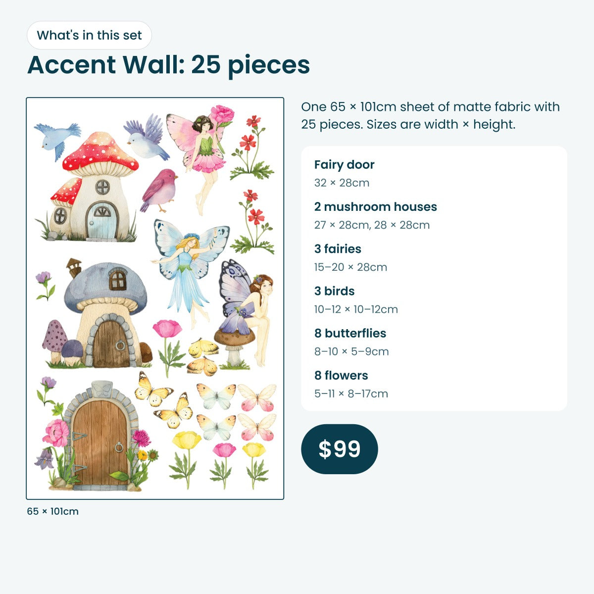 What's in the Accent Wall set: every flower fairy decal piece laid out