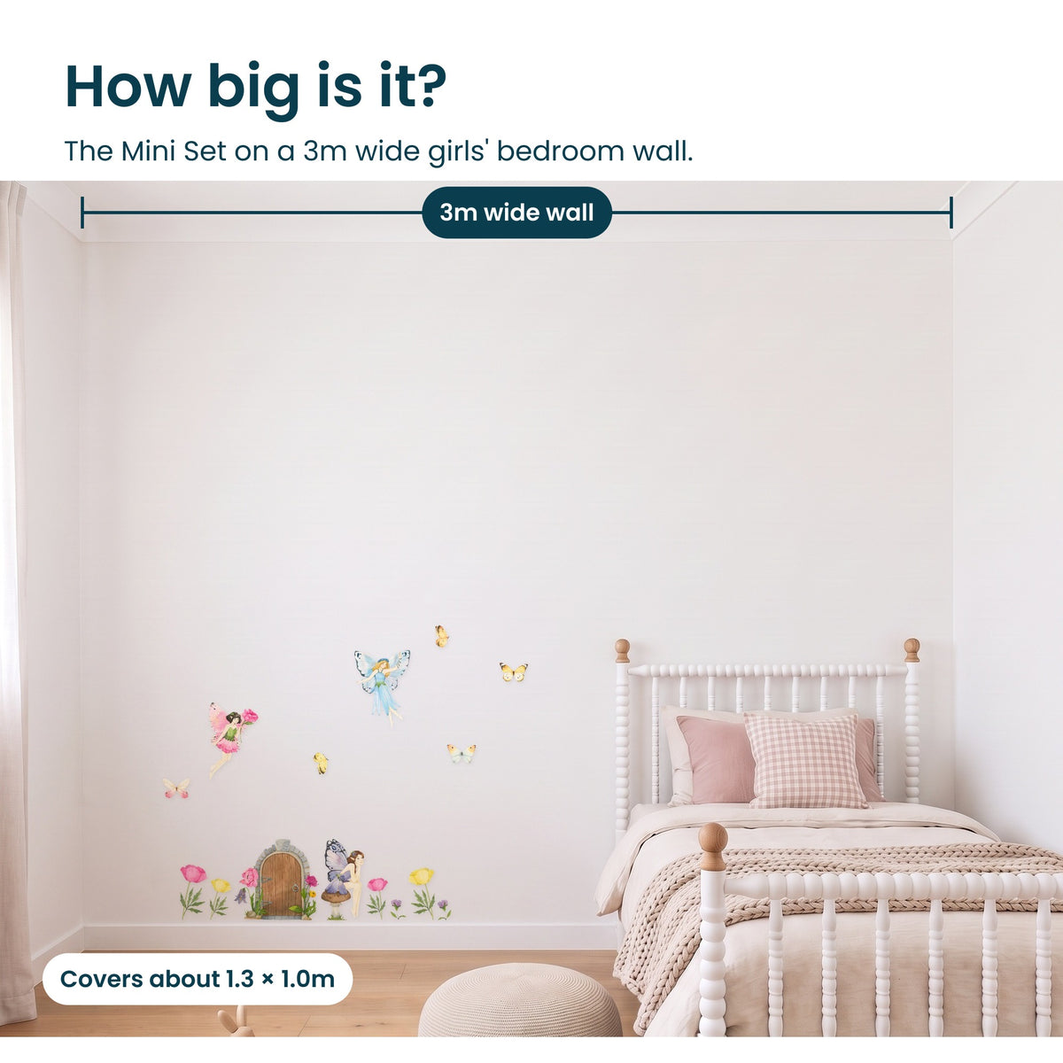 How big is the Flower Fairy Mini Set on a 3m wide bedroom wall