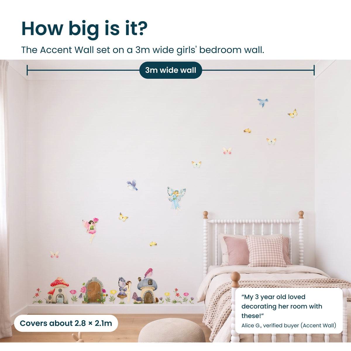 How big is the Flower Fairy Accent Wall set on a 3m wide bedroom wall