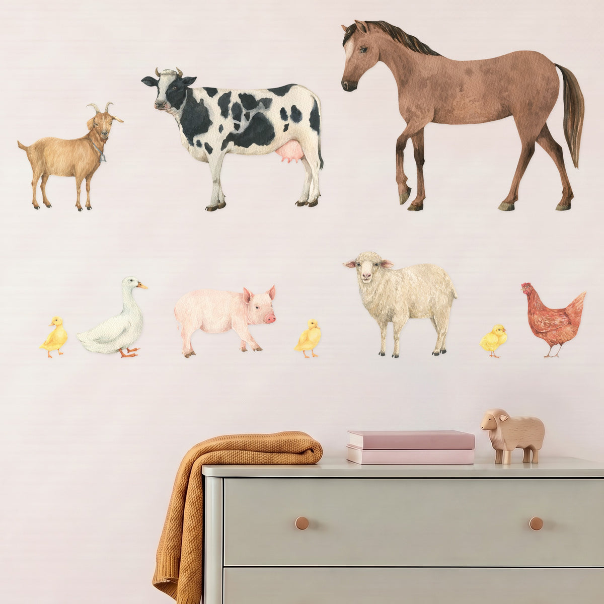 Farm animal wall decals horse cow sheep goat pig duck chicken in a styled nursery