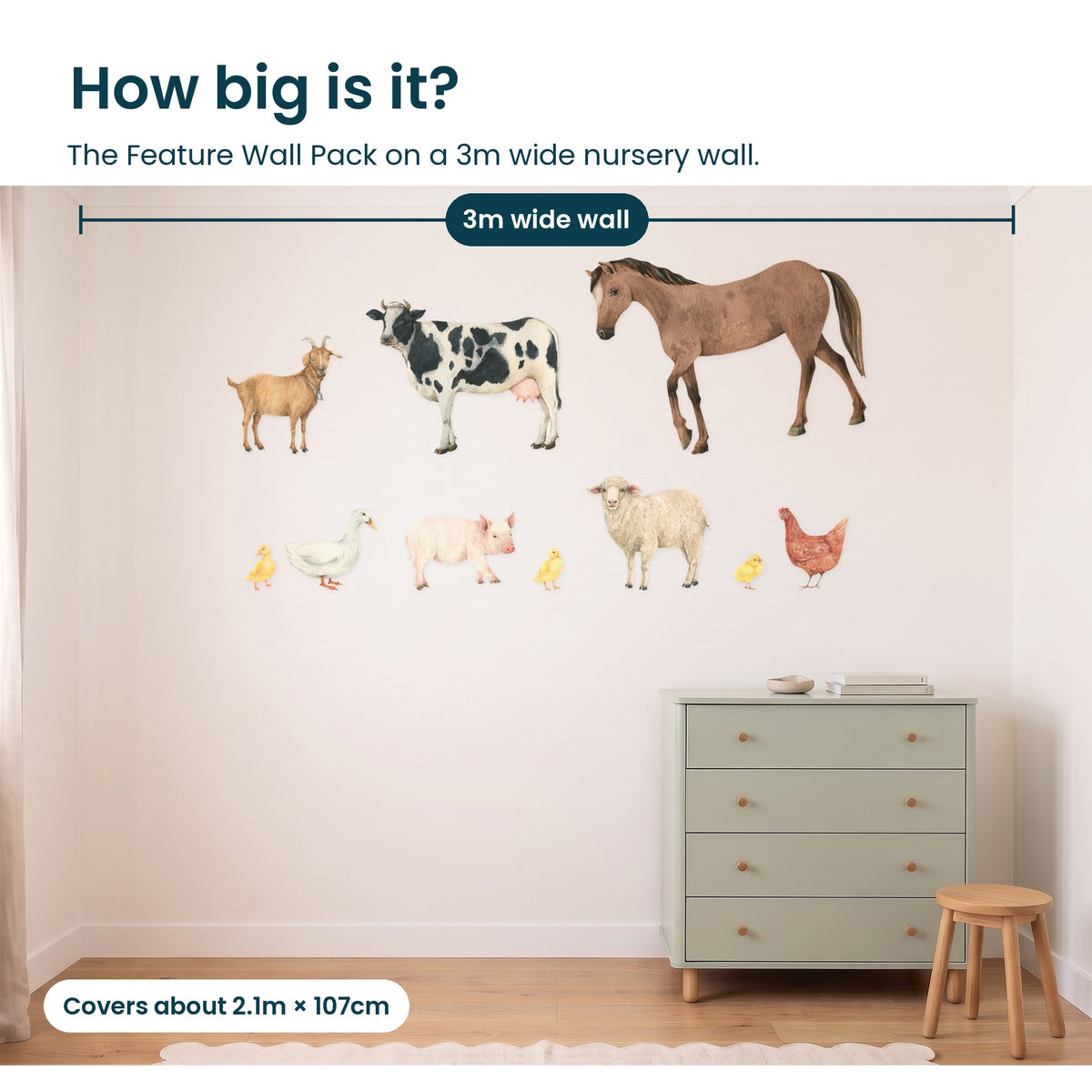 How big is the farm animal Feature Wall Pack on a 3m wall