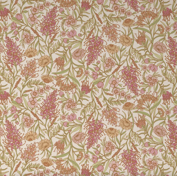 Floral pattern with pink and green flowers on a beige background
