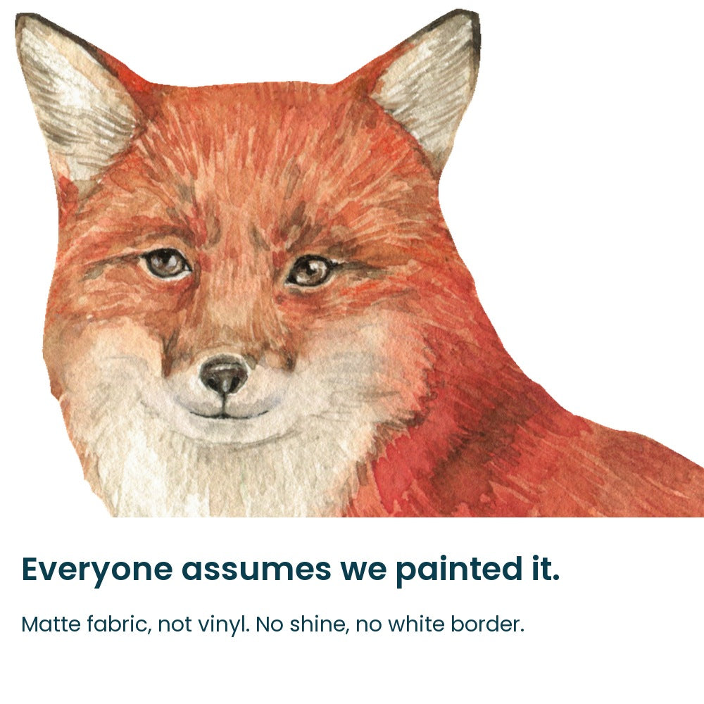 Close-up of the hand-painted fox face on matte fabric