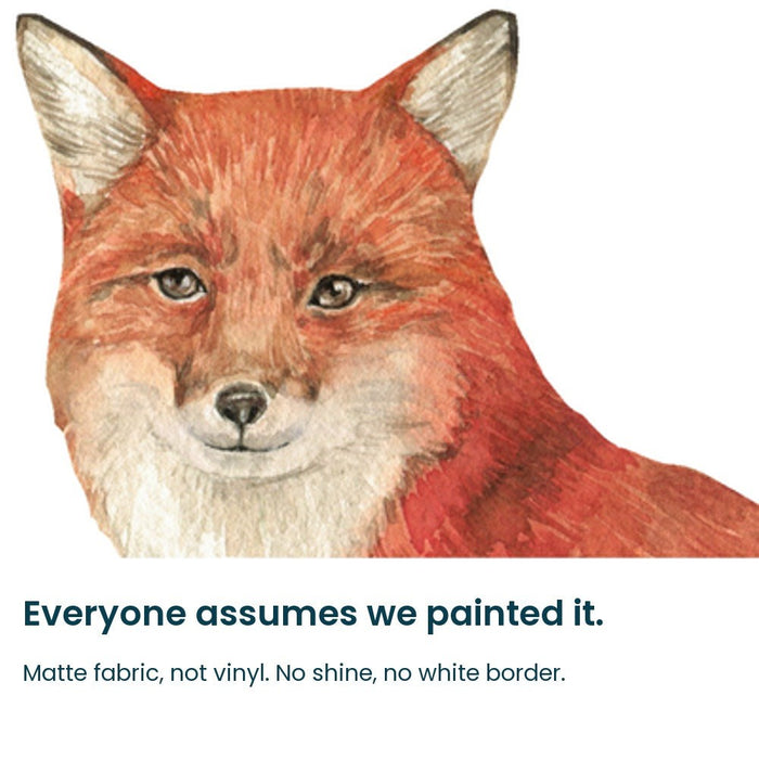 Close-up of the hand-painted fox face on matte fabric