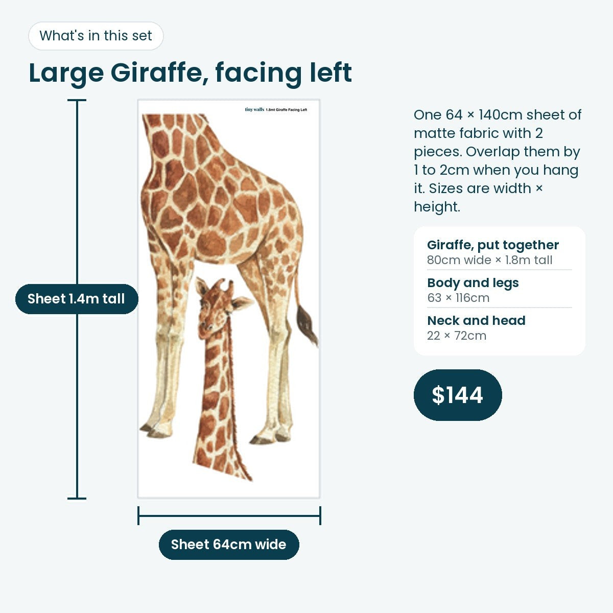 Large giraffe facing left print sheet and sizes