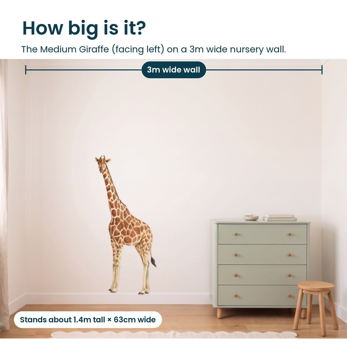 How big is the medium giraffe facing left on a 3m wall