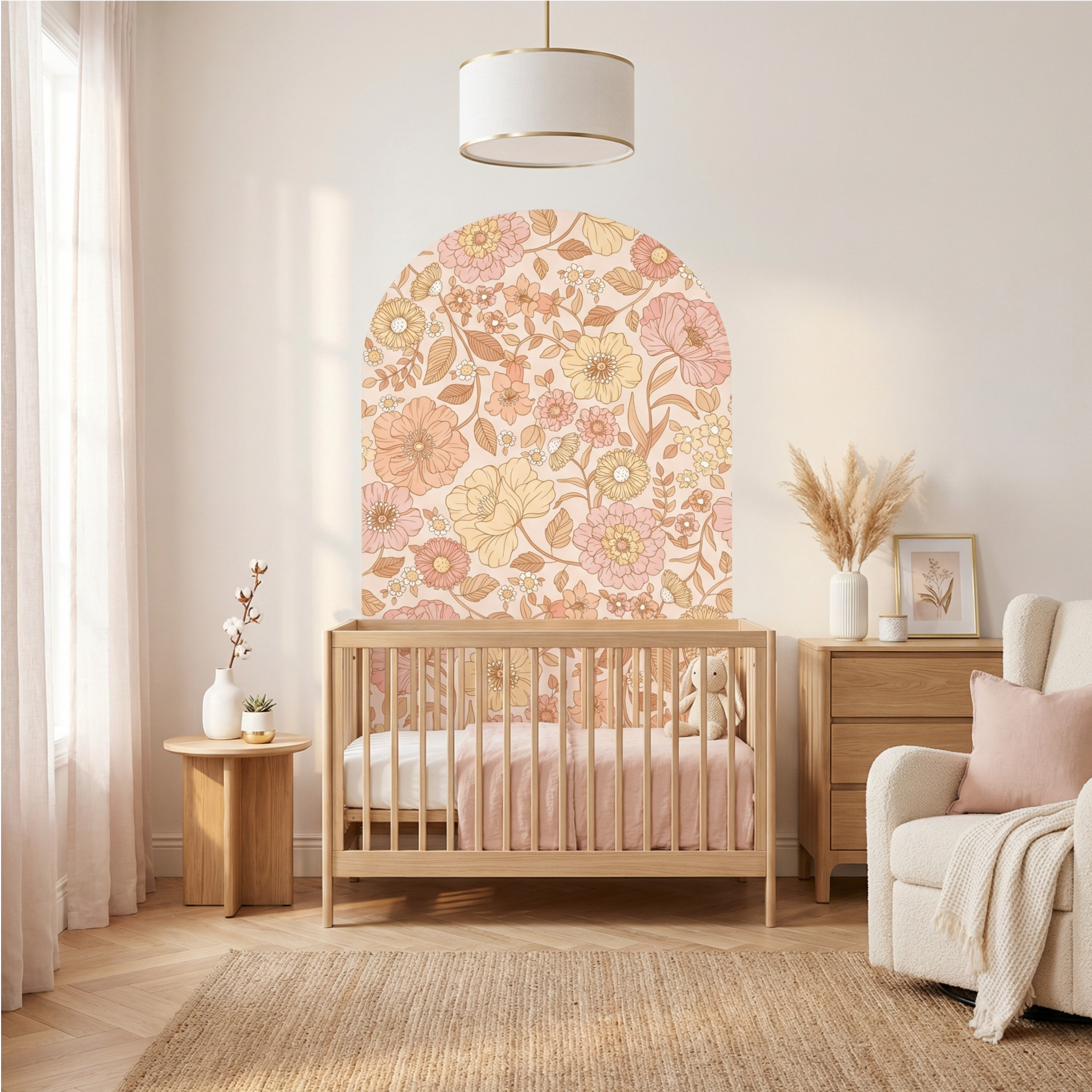 Nursery room with wooden crib, floral wall art, and decorative elements.