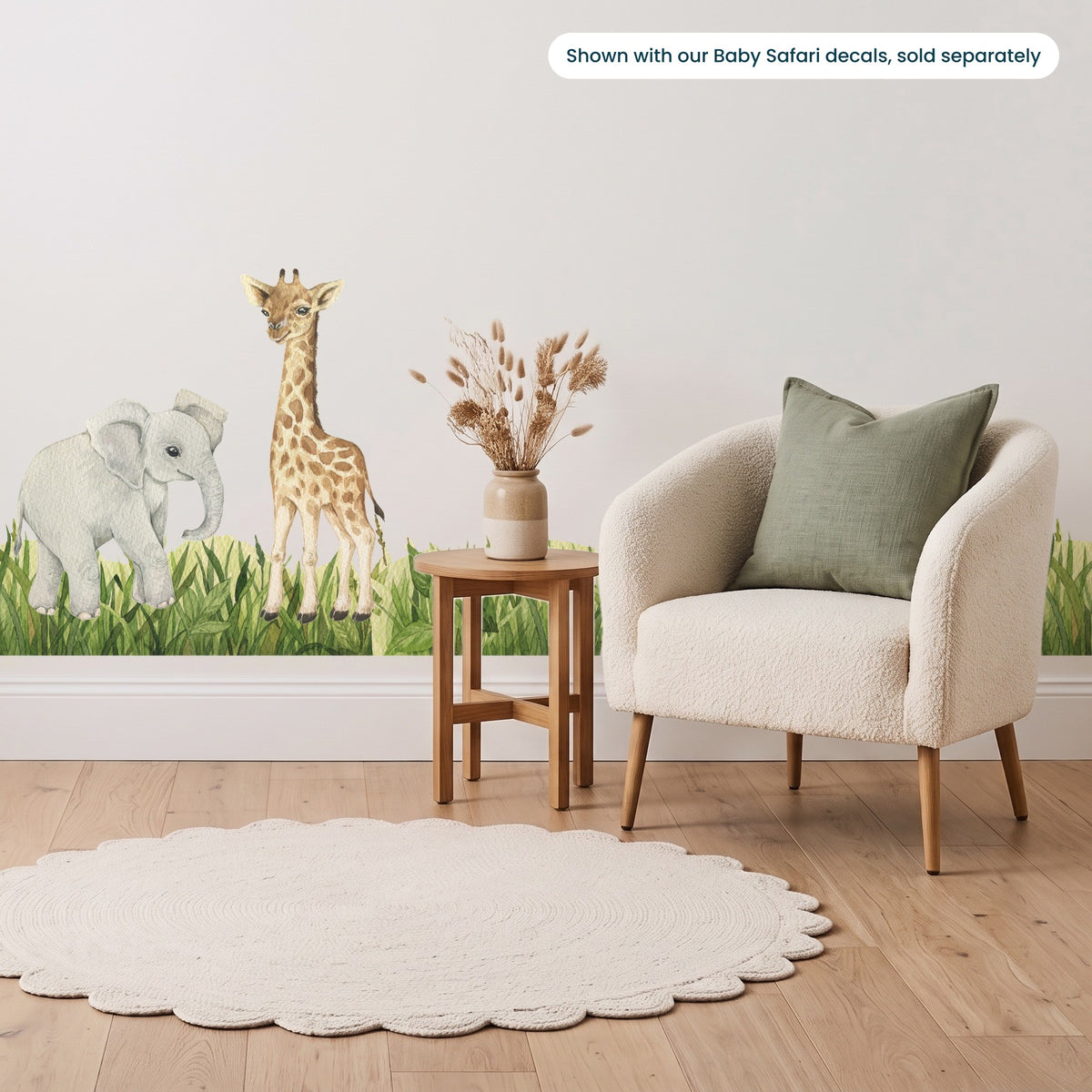 Green grass wall trim decal along the bottom of a nursery wall, shown with Baby Safari decals sold separately