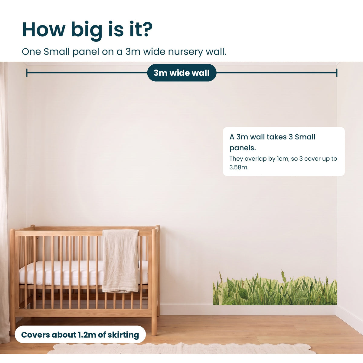 How much skirting one Small grass panel covers on a 3m wide nursery wall