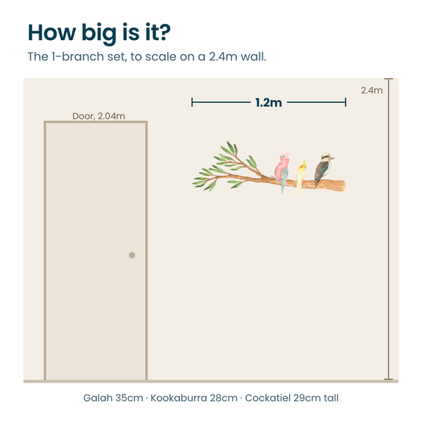 How big is it: the 1.2m gum branch with galah, cockatiel and kookaburra shown to scale on a 2.4m wall next to a standard door