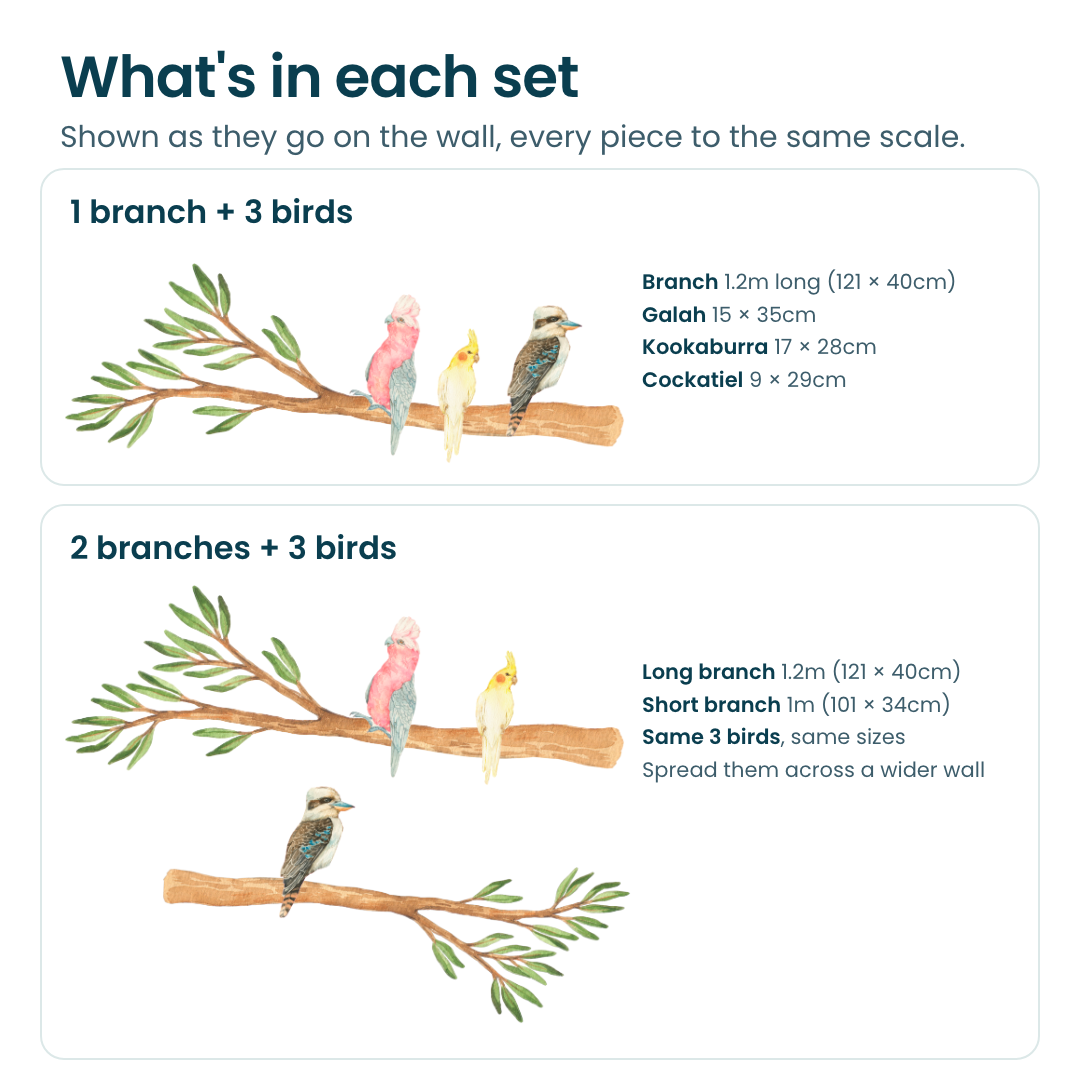 What's in each set: 1 branch plus 3 birds, or 2 branches plus 3 birds, with real sizes of every piece