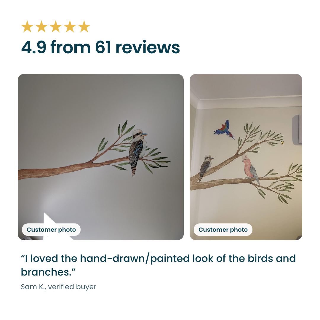Rated 4.9 from 61 reviews, with two customer photos of the gum branch and bird decals on their walls