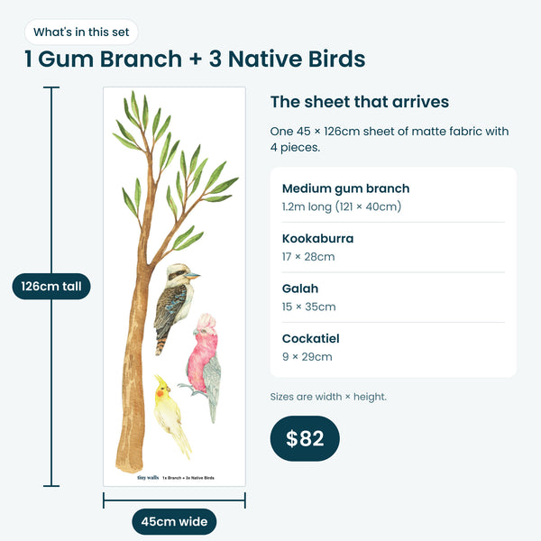 1 Gum Branch + 3 Native Birds set: the 45 x 126cm fabric sheet with the size of every piece