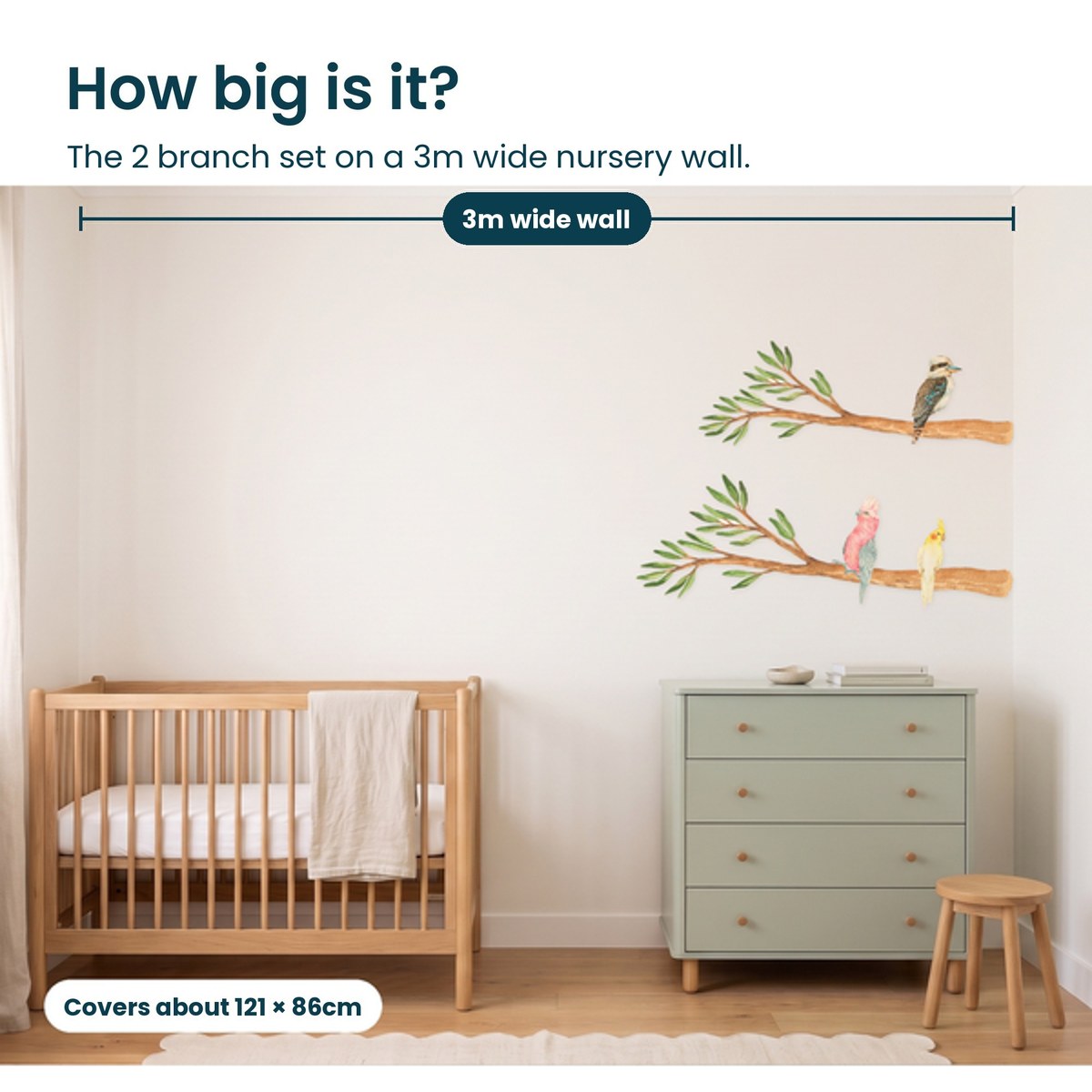 How big is it: the 2 branch set, about 121 x 86cm, to scale on a 3m wide nursery wall above a dresser