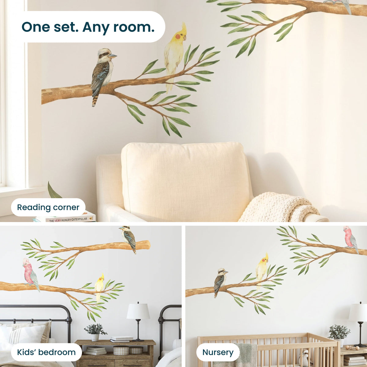 Gum branch and bird wall decals in three rooms: a reading corner, a kids' bedroom and a nursery