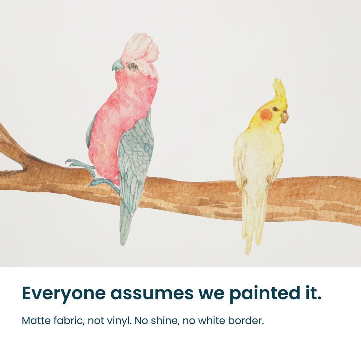 Close-up of the galah and cockatiel decals on a gum branch. Matte fabric, not vinyl, with no shine and no white border