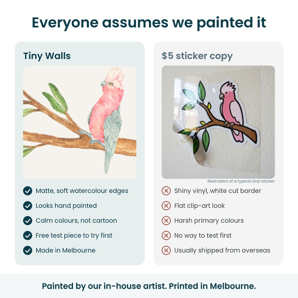 Our hand-painted galah decal next to a typical vinyl sticker: matte fabric with watercolour detail and no shine or white border