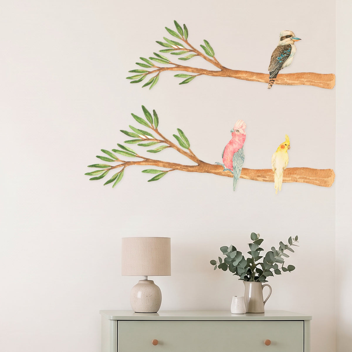 Gum branch wall decals with galah cockatiel and kookaburra in a styled nursery