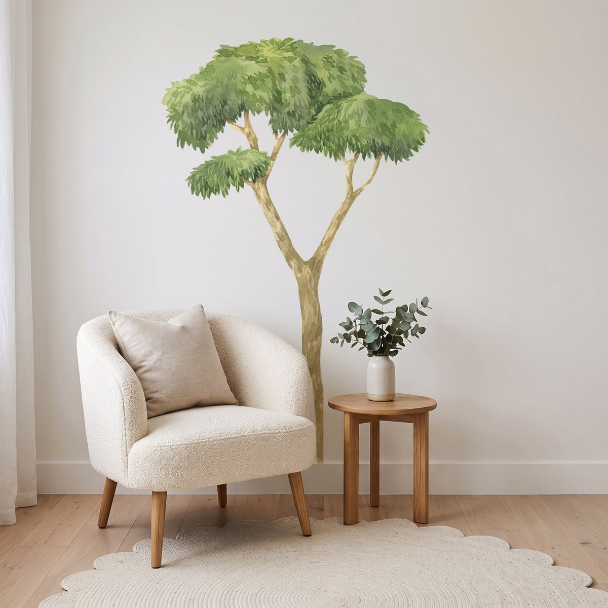 Large watercolour gum tree wall decal in a reading corner