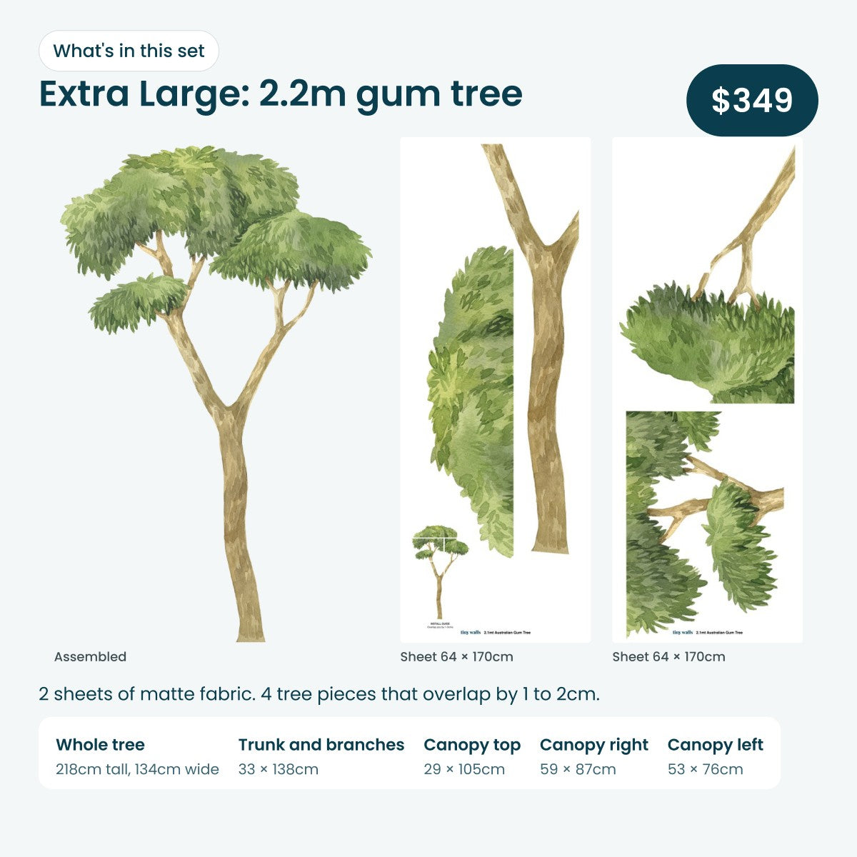 What's in the Extra Large gum tree set: 2.2m tall, 134cm wide