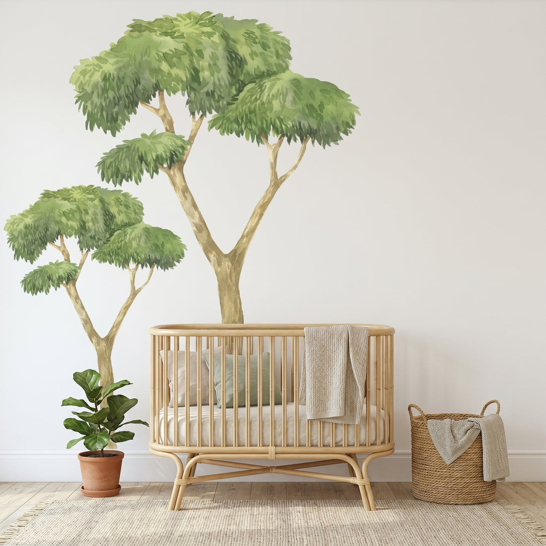 Wooden crib with a blanket in a room with plants and a basket.