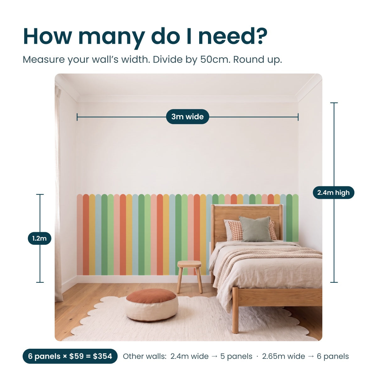 How many panels: a 3m wide, 2.4m high kids bedroom wall with six Sunset Glow half wall panels at 1.2m, to scale