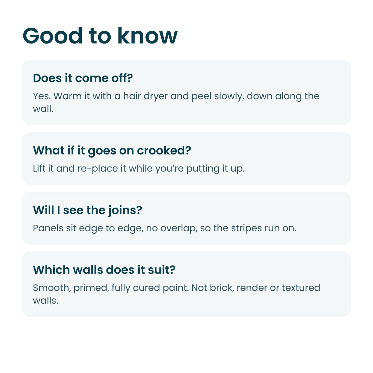 Good to know: removal with gentle heat, repositioning, edge to edge joins and which walls the panels suit