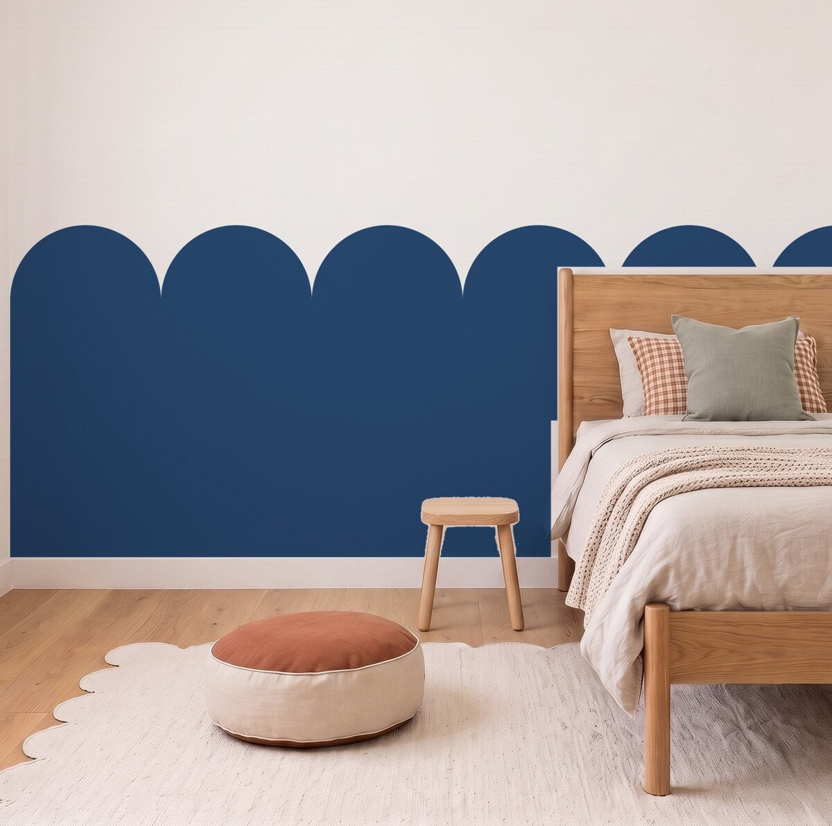 Navy peel and stick wall scallops in a kids bedroom, 3m wall to scale