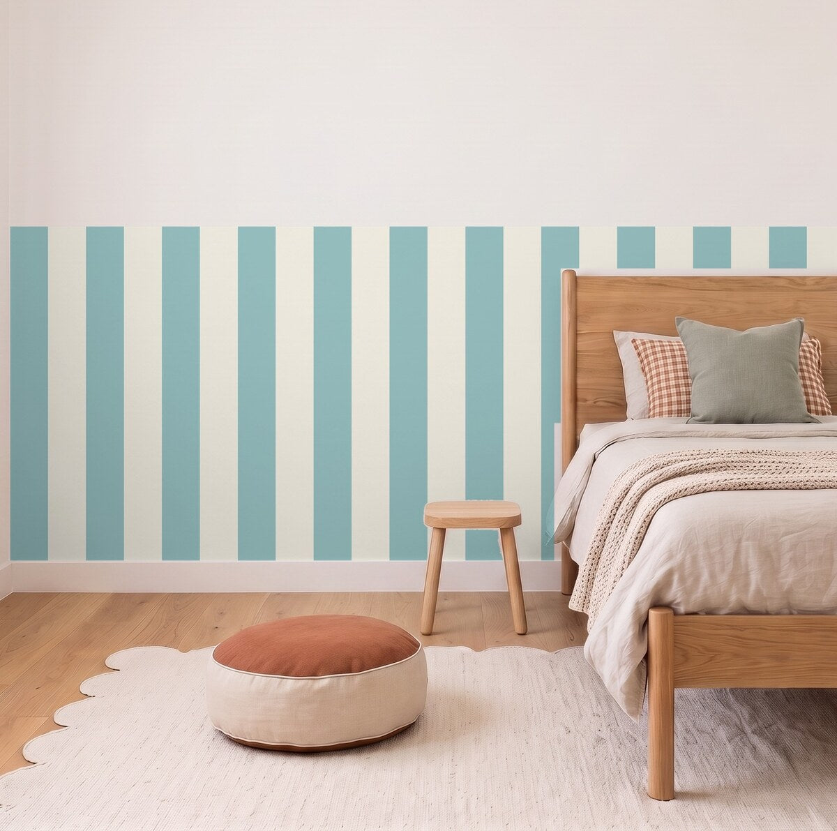 Wide Stripe half wall panels in Aqua and cream in a kids bedroom, 3m wall to scale