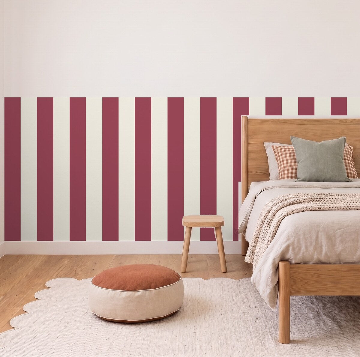 Wide Stripe half wall panels in Berry and cream in a kids bedroom, 3m wall to scale