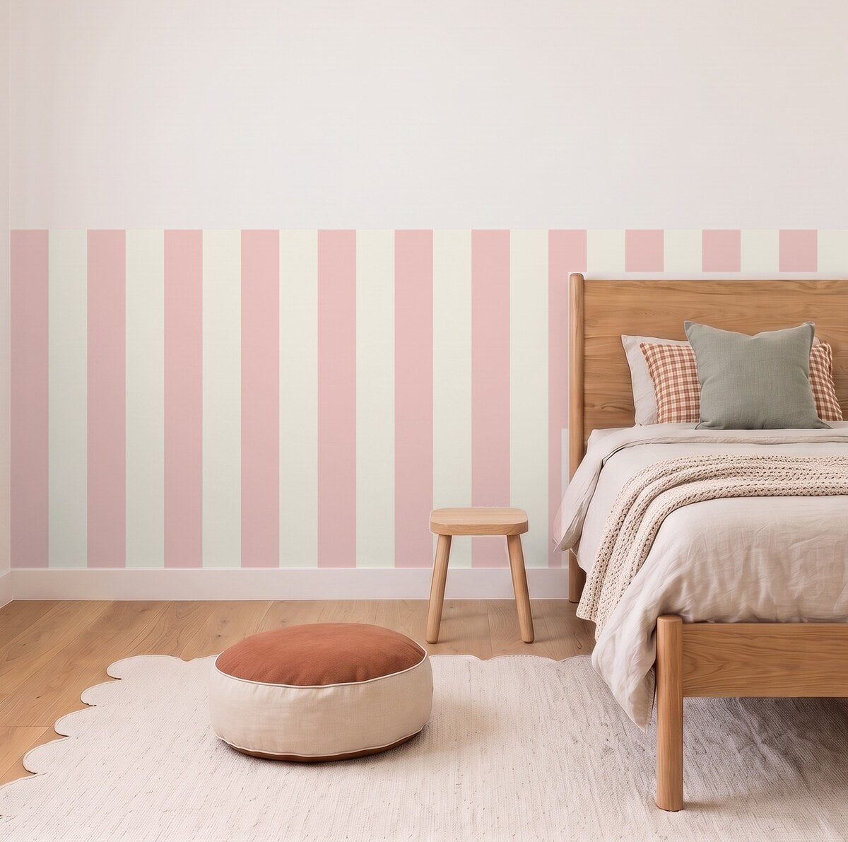 Wide Stripe half wall panels in Blush and cream in a kids bedroom, 3m wall to scale