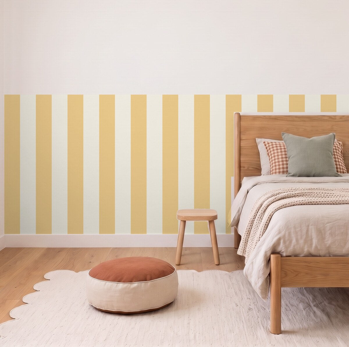 Wide Stripe half wall panels in Buttercream and cream in a kids bedroom, 3m wall to scale