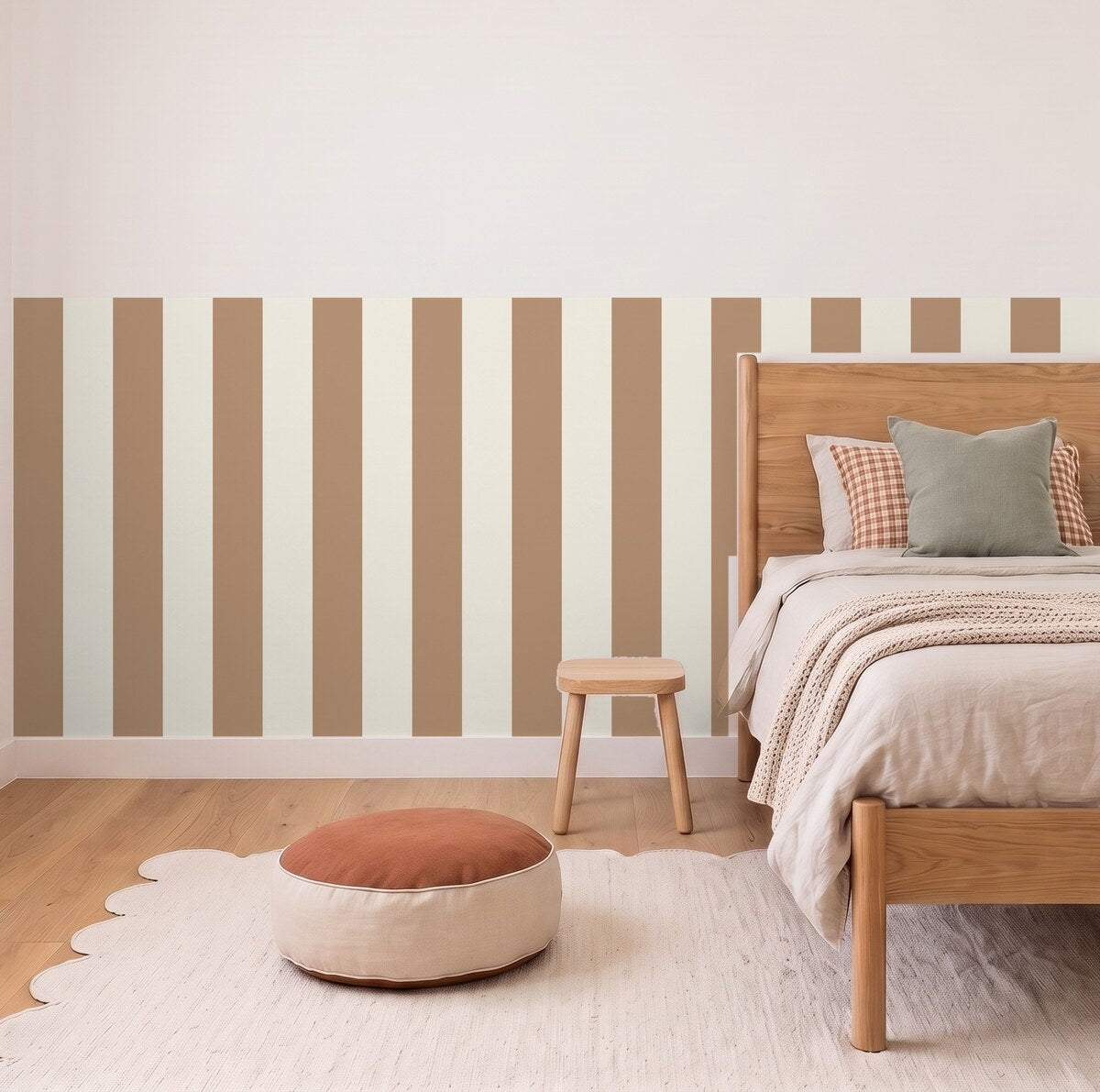 Wide Stripe half wall panels in Camel and cream in a kids bedroom, 3m wall to scale