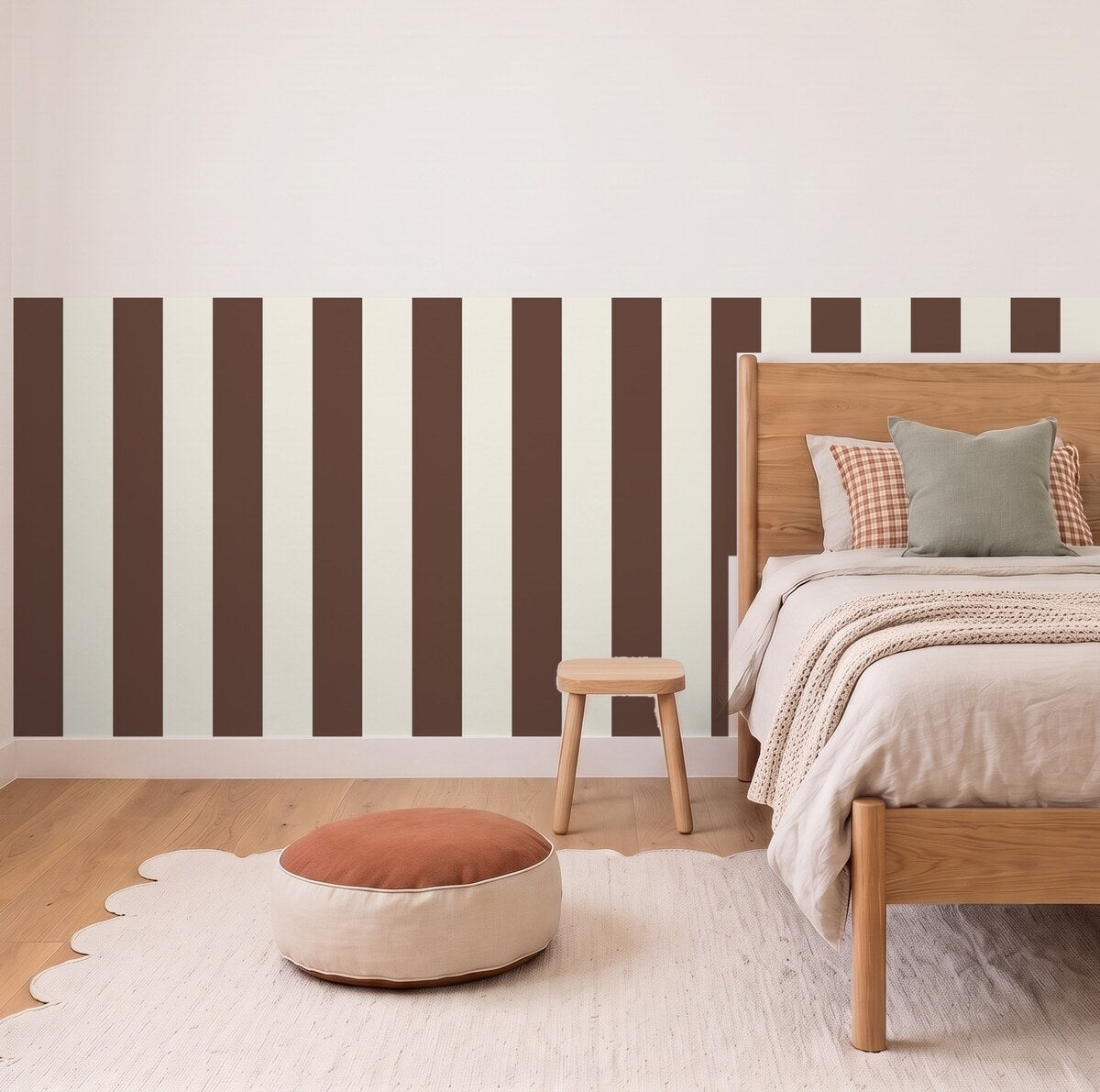 Wide Stripe half wall panels in Chocolate and cream in a kids bedroom, 3m wall to scale